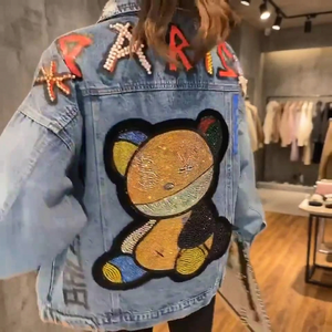 Washed Denim Trucker <b>Jacket</b> <b>Sequin</b> Bear Paris Applique Back Design Reversible Eco-Friendly Full Sleeve Women's Spring <b>Jacket</b> - Product Image 2