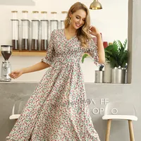 Nieuwe Komen Vrouwen Mode Afdrukken Bloemen Lange Jurk Flounce Mouw V-hals Ditsy Bloemen Gordel Lady Summer Casual Dress