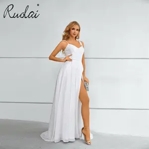 Ruolai LDC6668 A-line V-neck High Slit Spaghetti Strap Pure White Long Evening Party Dress for Women