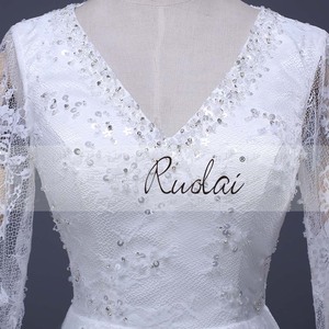 Ruolai LV6A37 최신 디자인 V-넥 신부 가운 모슬린 레이스 구슬 간단한 긴 소매 아랍어 웨딩 드레스 웨딩 가운 - Product Image 3
