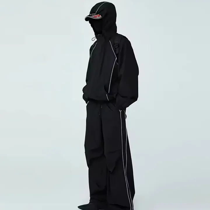 New Fashion Oversized Windbreaker Jacket Track Suit Nylon Two Piece Jogging Set Reflective Men Windbreaker Tracksuit