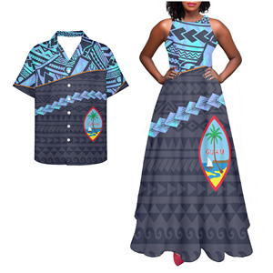 Tenues assorties pour couple à imprimé tropical rose de Guam pour les vacances à la plage, robe sans manches pour <span class=keywords><strong>femme</strong></span> et chemise hawaïenne pour homme - Product Image 3