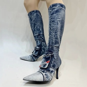 Women Thin High Heel Long Booties Sexy Point Toe Party Knee High Denim Boots Double Pockets Sewing Zipper <b>Shoes</b> - Product Image 1