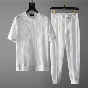 Men Summer Breathable Printed Pleated 2 Piece T Shirt <b>Set</b> Short Sleeve <b>Knitted</b> Top and Elastic Waist Pants Casual Outfit - Product Image 1