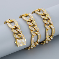 Ensemble Collier et Bracelet Hiphop pour Homme en Acier Inoxydable, Chaîne Figaro 3-en-1 Entièrement Pavée de Zircons, Bijoux Tendance, Vente en Gros