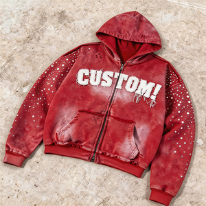 Customized Men's Heavyweight <b>500</b> <b>Gsm</b> 100% Cotton Acid Wash Zip Up <b>Hoodies</b> Streetwear Rhinestone Distressed Embroidered Hoodie - Product Image 2