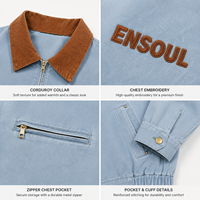 Veste en jean pour homme, coupe décontractée, col en velours côtelé personnalisé, bleu clair délavé, fermeture éclair, logo patch, nouveau style, manteau tendance
