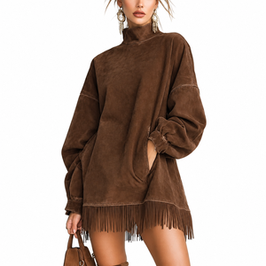 Abito in Camoscio da Donna Stile Europeo <span class=keywords><strong>e</strong></span> Americano 2026, Collo Alto, Tasche Larghe, Frange, Maniche Lunghe per Autunno <span class=keywords><strong>e</strong></span> Inverno - Product Image 2