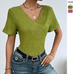 Camiseta Casual de Verano 2026 para Mujer, Elegante, Color Borgoña, Cuello en V Cruzado, Tejido de Punto Acanalado en Contraste, Manga Corta, Corte Ajustado - Product Image 2