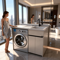 Ensemble de meubles de salle de bain et buanderie moderne, écologique, résistant à l'eau, avec lavabo rectangulaire en pierre de quartz, pour villa, hôtel, entrepôt