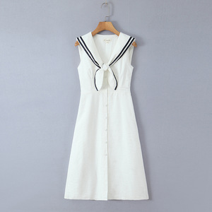 Vestido Camisero Largo Retro 2026 con Cuello Marinero y Botones para Mujer, OEM/ODM por Fábrica de Ropa China, Vestido Vintage Blanco - Product Image 3