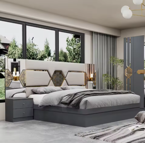 Ensemble de Chambre à Coucher de Luxe en <span class=keywords><strong>Bois</strong></span> <span class=keywords><strong>Massif</strong></span> Moderne, <span class=keywords><strong>Lit</strong></span> Double avec Rangement et <span class=keywords><strong>Tiroirs</strong></span> pour Maison, Hôtel, Appartement ou Villa - Product Image 1