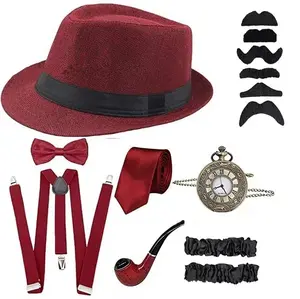 The Great Gatsby Cosplay Costume 1920s Mens Gangster Accessories Set - Fedora Newsboy Hat Suspenders Armbands Tied Bowtie