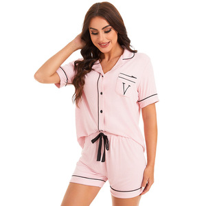 Conjunto de pantalones cortos de manga corta informales de verano <span class=keywords><strong>para</strong></span> <span class=keywords><strong>mujer</strong></span> <span class=keywords><strong>para</strong></span> explosiones de <span class=keywords><strong>Amazon</strong></span>, pijama fino Modal, cintura elástica, ropa de casa de Color sólido - Product Image 2