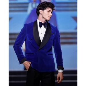 Vente chaude bleu velours hommes costumes noir châle revers deux pièces mariage Banquet mariés costume Double boutonnage fermeture hommes costume - Product Image 1