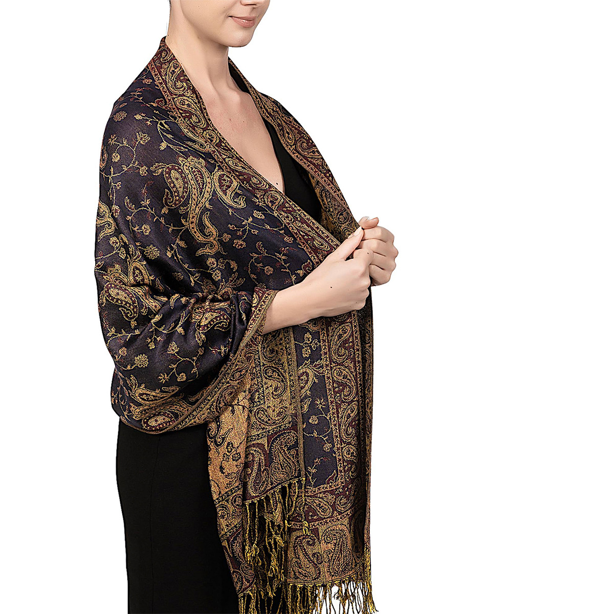 Cashew flower scarf - navy blue - 175cm and above