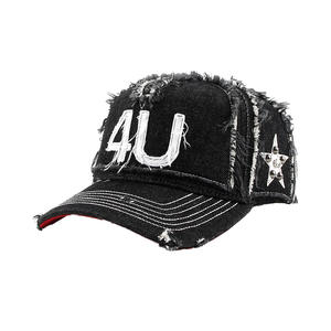 Gorra de Béisbol Unisex Ajustable de 6 Paneles, Estilo Urbano, con Estrella de Diamantes de Imitación y Bordado 4U, de Mezclilla Desgastada - Product Image 1