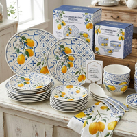 Service de vaisselle créatif en céramique motif citron et floral, en porcelaine bleue et blanche, pour mariages, événements, fêtes, maison et cuisine