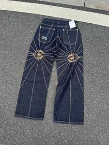 Jeans Vintage Neri da Uomo con Ricamo a Ragnatela, Design alla Moda, <span class=keywords><strong>Pantaloni</strong></span> Dritti Stile Thug Club a Gamba Larga - Product Image 2