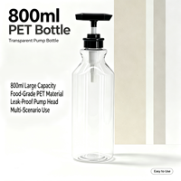 Bouteille à pompe transparente en PET de grande capacité 800 ml, anti-fuite, pompe carrée noire pour shampoing, savon pour les mains, OEM personnalisé