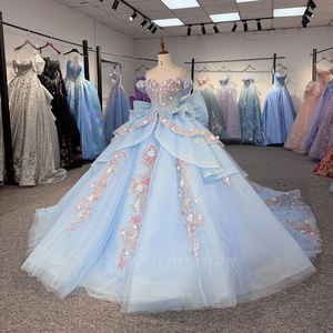 Vestido de Quinceañera Azul Celeste Dy1345 con Apliques de Encaje y Chifón Natural para Niñas de 15 Años, Vestido de Princesa con Color Personalizable - Product Image 3