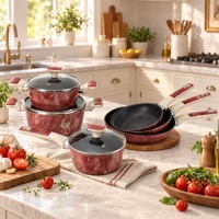 Ensemble de casseroles en aluminium antiadhésif effet marbre rouge, 9 pièces, compatible lave-vaisselle, écologique, pour grossistes, commande en gros, OEM ODM