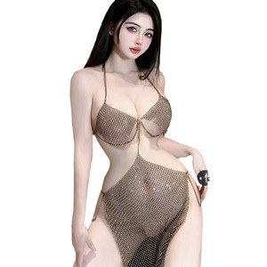 Golden Shuttle Woven Lingerie Metallic Color See Through Hollow <b>Fishnet</b> Halter Three Piece Set Women <b>Sexy</b> Costume - Product Image 5