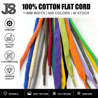 Cordon en coton plat de 11 mm, 600 couleurs, multicolore, embouts en plastique lisses, en stock, vente en gros, fournisseur d'usine sur mesure
