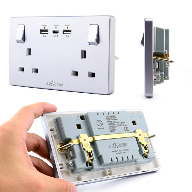13A UK Standard Wall Electrical Double USB-A and One Type-C Socket with Switched Power Copper Housing