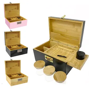 Аксессуары для курения с логотипом под заказ, деревянный лоток для скручивания, защищенный от запаха, Бамбуковая коробка для хранения с замком, комплект комбо