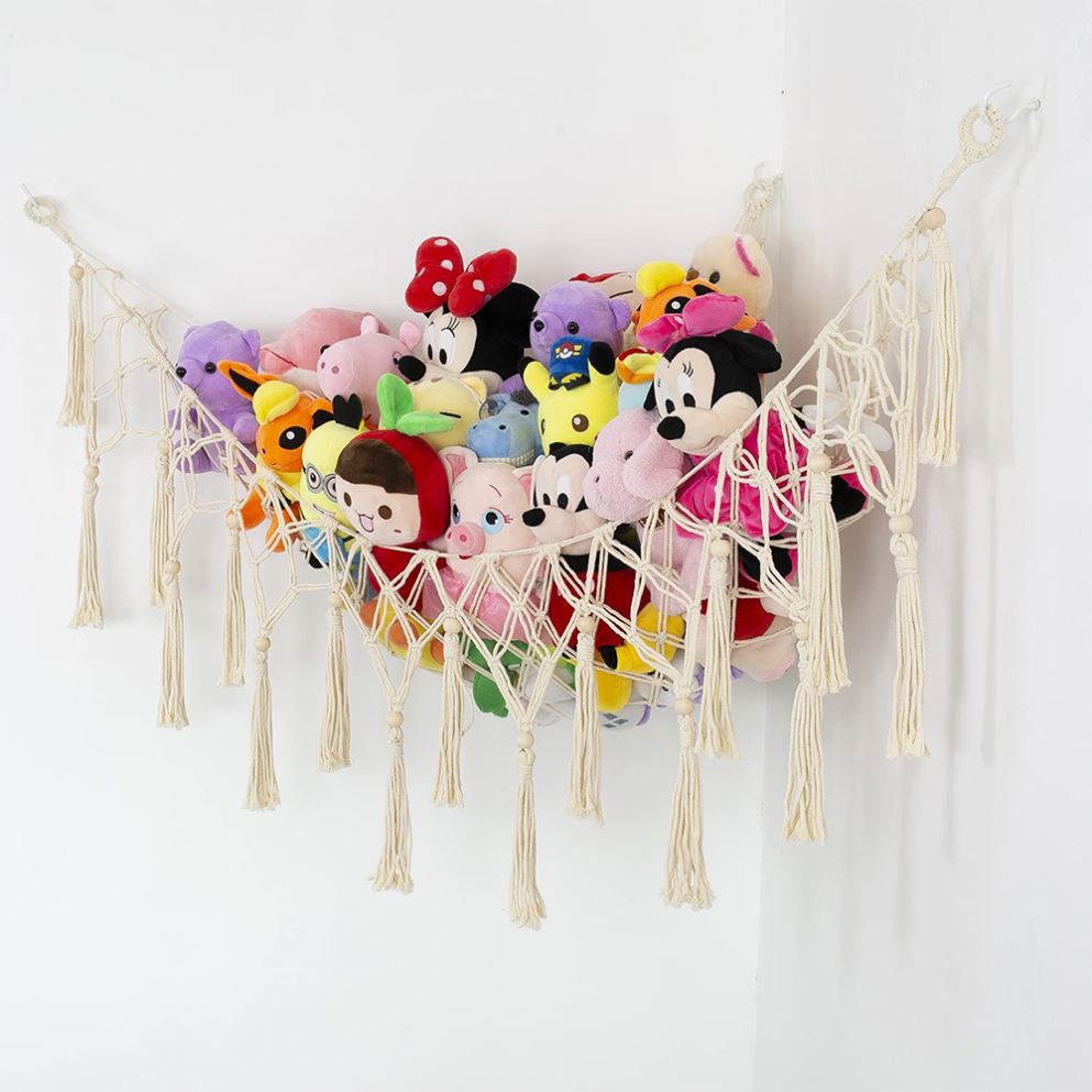 Stuffed Animal Toy Hammock berçário Pendurado Coisas Animais Organizadores De Armazenamento com Borlas Boho Grande Canto Malha Brinquedo Hammock