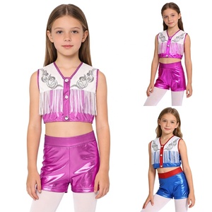 Trajes de Baile Country para Niñas, Conjunto de Vaquera con Chaleco de Flecos y Shorts Metálicos para Escenario, Talla Personalizada - Product Image 1