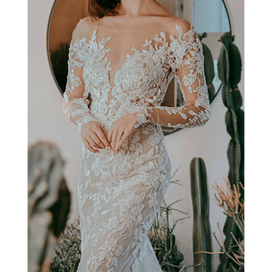 Modest Tulle Perspective Flower Lace up White Long Trail Backless Mermaid Designer Vestido <span class=keywords><strong>de</strong></span> <span class=keywords><strong>madrina</strong></span> <span class=keywords><strong>Vestidos</strong></span> <span class=keywords><strong>de</strong></span> novia Manga larga - Product Image 1