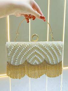 New Fashion Chinese-Style Evening Bag Women Cross-Border Ins Tassel <b>Clutch</b> <b>Pearl</b> Rhinestone Chains Polyester Crossbody Zipper - Product Image 2