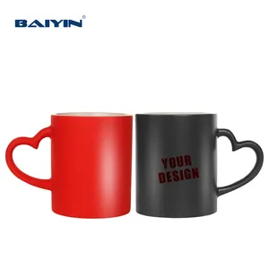 Baiyin 11Oz Hart Handvat Mokken Custom Logo Souvenir Gepersonaliseerde Hartvormige Beker Verandering Kleur Magische Keramische Mok