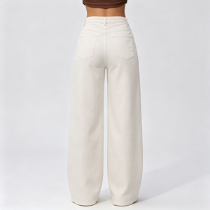 Jeans da Donna a Vita Alta e Gamba Larga, Elasticizzati, Color Crema <span class=keywords><strong>Ecru</strong></span>, Pantaloni in <span class=keywords><strong>Denim</strong></span> Baggy, Streetwear Minimalista, Vestibilità Comoda in Cotone - Product Image 3