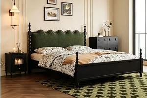 Premium <b>Queen</b> <b>Size</b> Black Wood Spindle <b>Bed</b> With Green Velvet Scalloped Headboard For Bedroom - Product Image 3