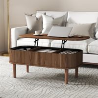 Table basse ovale moderne en noyer foncé avec plateau relevable et rangement dissimulé, table centrale de salon en bois cannelé