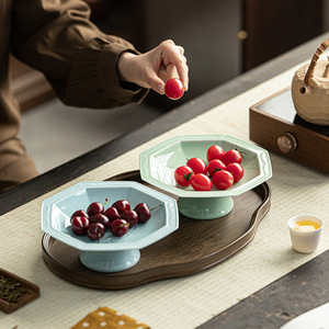 Plateau de drainage en céramique à huit côtés, design lotus, assiette à fruits en porcelaine, style zen chinois, plat à thé et à collations - Product Image 5