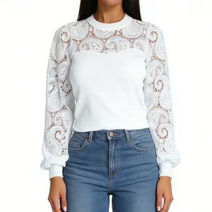 Women's Elegant Lace <b>Patchwork</b> Lantern Sleeve Knit Top Fitted Crew Neck Blouse for Office <b>Shirt</b> Fashion - Product Image 3