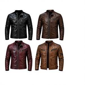 Men's Genuine <b>Leather</b> Moto Biker <b>Jacket</b> Stand Collar Zipper Closure Slim Fit Autumn Solid Color Regular Length - Product Image 6