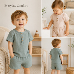 Conjunto de Dos Piezas de Algodón Orgánico 100% para Bebés, Camiseta de Manga Corta y Pantalones Cortos de Gasa Arrugada, Ropa de Verano para Niños y Niñas - Product Image 3