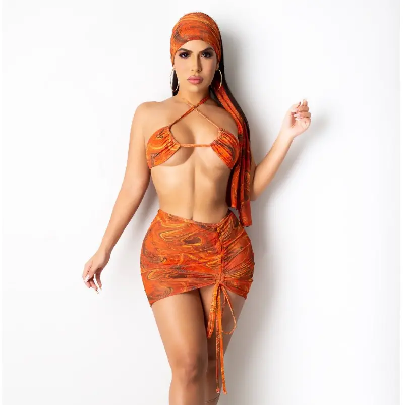 Sexy Stampa <span class=keywords><strong>Arancione</strong></span> 3 Pezzo del Bikini Set Costume Da Bagno Cover Up Skirt con il Foulard Estate Costumi da bagno per Le Donne