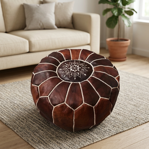 Funda de Puf de Cuero Genuino Hecha a Mano, Bordado Geométrico, Estilo Bohemio, Diseño Cosido, Decoración del Hogar, Cierre con Cordón - Product Image 5