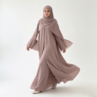 Ensemble Abaya Mauve pour Femme avec Franges de Perles, Tenue Modeste, Vêtements Musulmans Islamiques, Longueur au Sol