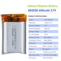 Batterie Lipo 802030 3.7V 400mAh, batterie polymère lithium-ion souple en sachet, batterie Li-ion polymère 802030 400mAh, vente en gros