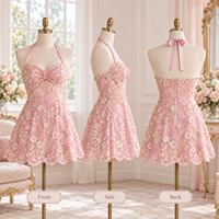 Mini-robe personnalisée pour femme en dentelle et maille, broderie florale, ornements de sequins, col licou, buste froncé, coupe trapèze