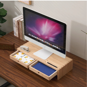 Support d'écran en bois avec 2 tiroirs, rehausseur d'écran d'ordinateur en bois massif pour bureau, étagère d'organisation de bureau avec gestion des câbles - Product Image 2