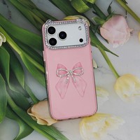 Coque de téléphone avec cadre en strass oreilles de chat et nœud en tulle 3D, protection mignonne pour iPhone 17 16 15 14 13 12 11 Pro Max