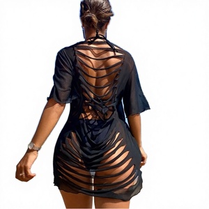 New Women Cover Ups Sexy Solid Pattern Swimdress 2 Piece Set <b>Sunscreen</b> Blouse - Product Image 2